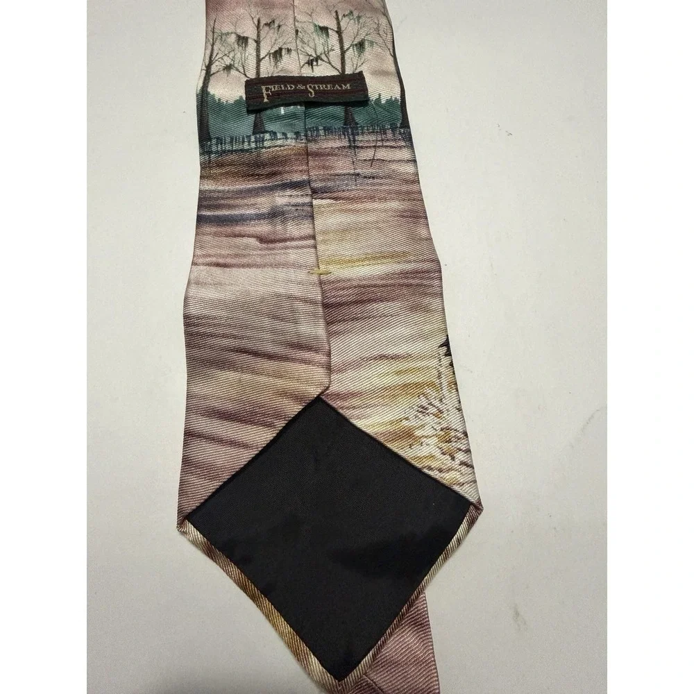 Field & Stream Mens Silk Tie Bass Fishing Fisherman Scenic Nature Brown Tan USA